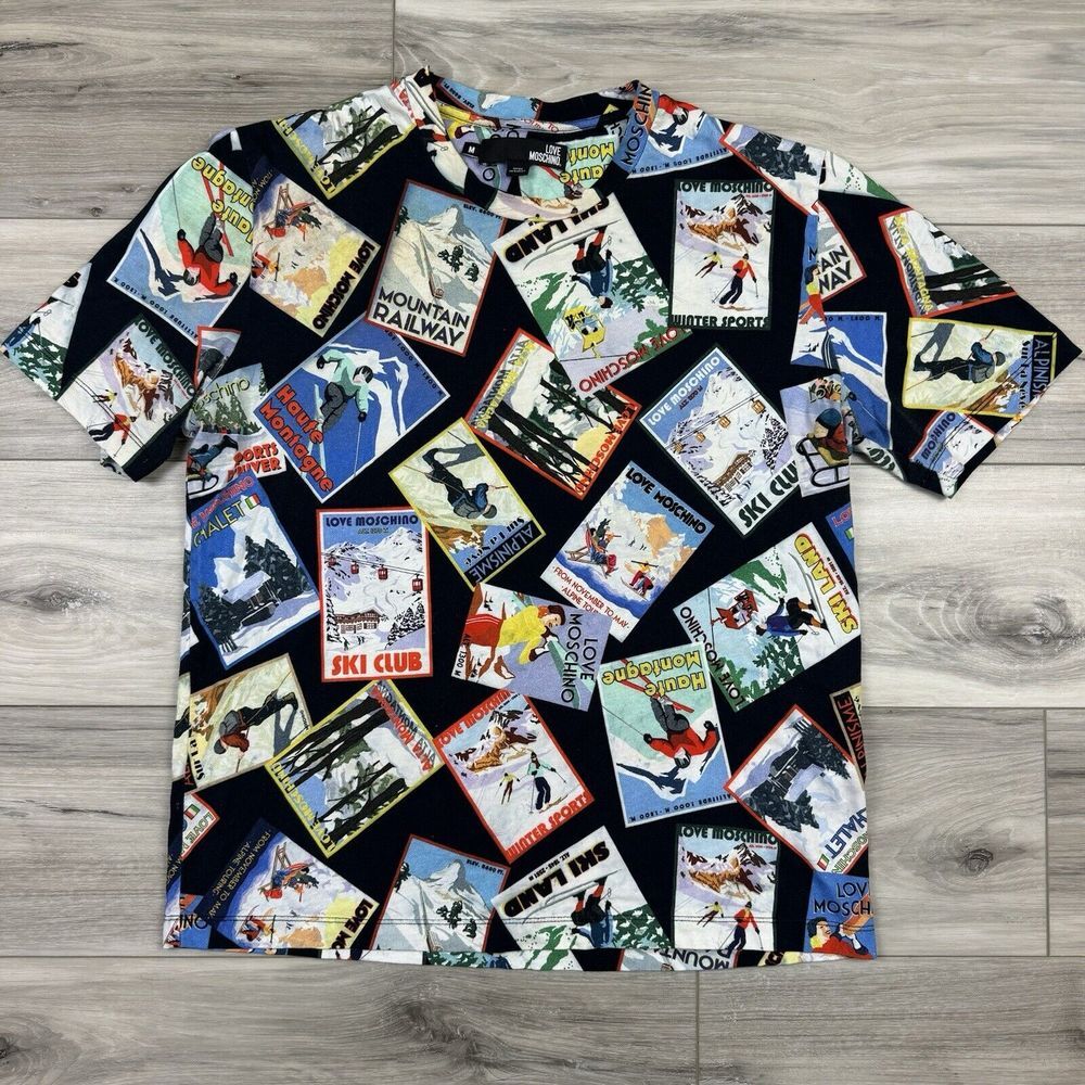 Love Moschino Size M Adult Unisex T Shirt Postcard Ski Collage Vintage